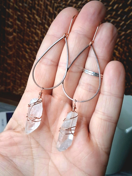 Handmade Jewelry - Copper and Clear Quartz Crystal Teardrop Wire Wrap Earrings